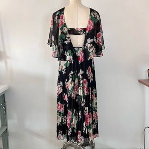 ASOS Flutter Sleeve Pleated Midi Dress In Dark Floral